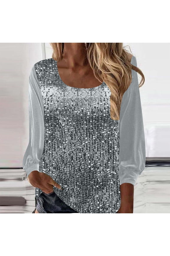 Sequin Tops for Women Sparkling Square Neck Velvet Shirt Elegant Glitter Long Sleeve Cocktail Evening Club Clothes Ladies Party Wear Top Gray XXL