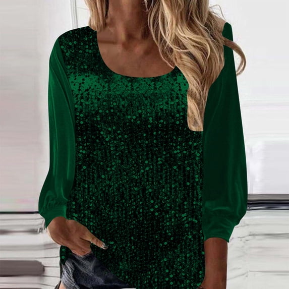 Nfurl Sequin Tops for Women Sparkling Square Neck Velvet Shirt Elegant Glitter Long Sleeve Cocktail Evening Club Clothes Ladies Party Wear Top Green XL