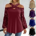 thumbnail image 1 of Nfurl Sequin Tops for Women Dressy Long Sleeve Cold Shoulde Flare Sleeved Blouses Ladies Club Clothes Elegant Evening Party Wear Khaki S, 1 of 8