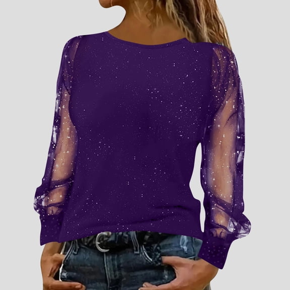 Nfurl Sequin Tops for Women Evening Party See Through Long Sleeve Sparkly Shirts Trendy Cocktail Concert Club Clothes Ladies Party Wear Top Purple XL