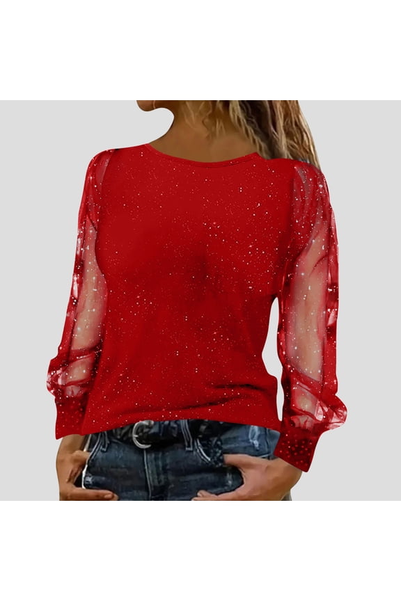 Sequin Tops for Women Evening Party See Through Long Sleeve Sparkly Shirts Trendy Cocktail Concert Club Clothes Ladies Party Wear Top Red XL