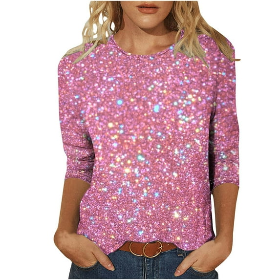 Nfurl Sequin Tops for Women Party Night 3/4 Sleeve Crewneck Sparkly Glitter Blouse Club Wear Dressy Casual Pullover Top Ladies Holiday Clothes Pink S
