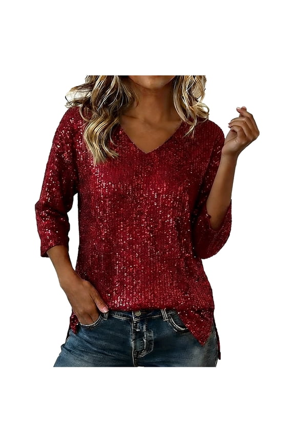 Sequin Tops for Women Sparkling 3/4 Sleeve V Neck Blouses Dressy Casual Evening Party Wear Shinny Holiday Concert Shirts Wine S