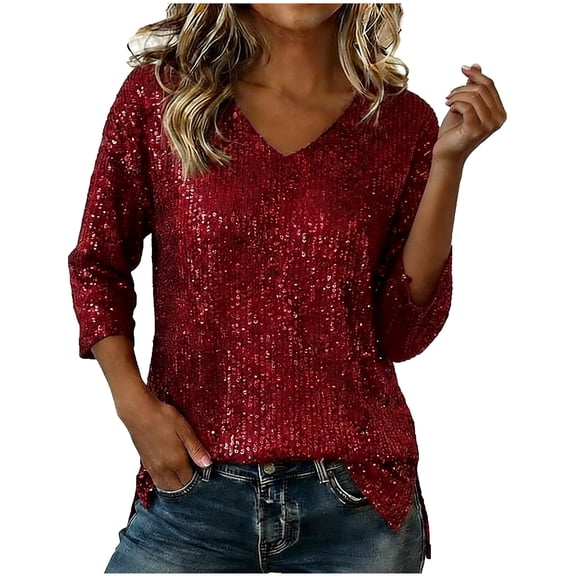 Nfurl Sequin Tops for Women Sparkling 3/4 Sleeve V Neck Blouses Dressy Casual Evening Party Wear Shinny Holiday Concert Shirts Wine XXL