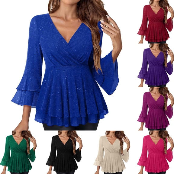 Nfurl Sequin Tops for Women Sparkling Ruffle 3/4 Sleeve Deep V Neck Party Blouses Elegant Night Out Cocktail Club Peplum Glitter Sparkly Tops Blue XL