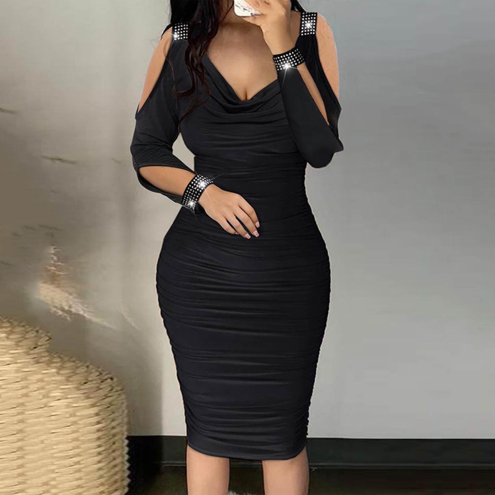 Nfurl Sexy Bodycon Dress for Women Trendy Rhinestone Party Club Evening