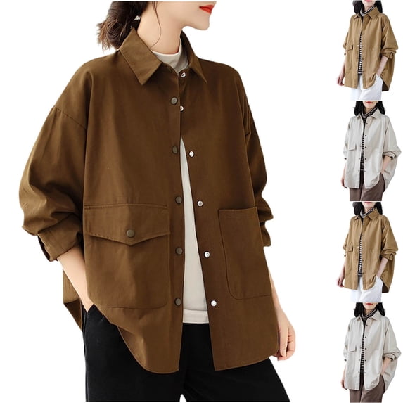 Nfurl Shackets for Women 2025 Fall Fashion Coats with Pockets Casual Long Sleeve Boyfriend Jackets Loose Fit Solid Color Jacket Khaki XXL