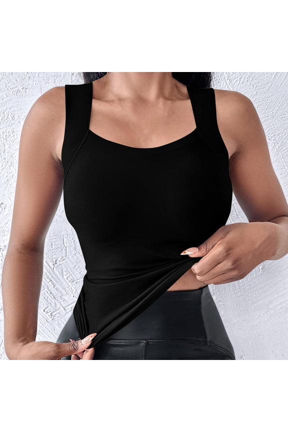 Shelf Bra Tank Tops for Women with Straps Fitted Square Neck Tank Tops with Built in Bra Casual Summer Going Out Sleeveless T Shirts Black,XL