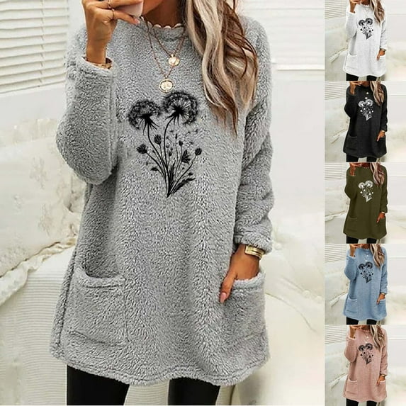 Nfurl Sherpa Fleece Sweatshirts for Women Elegant Flower Graphic Crewneck Pullover Sweatshirt Plus Size Tops Ladies Fall Winter Clothes White L