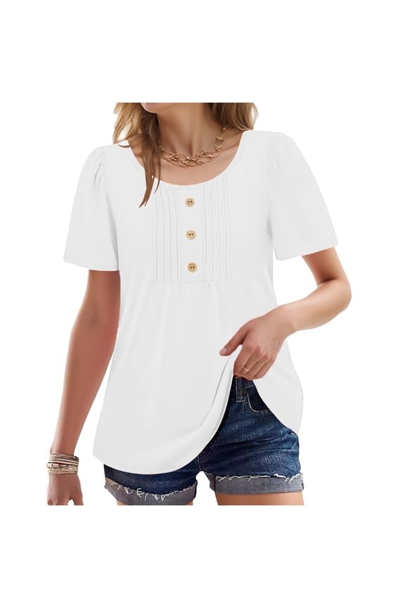 Short Sleeve Blouses for Women Elegant Pleated Button Decor Crew Neck Tops Spring Vacation Clothes Casual Solid Color Ladies Summer Tops White XXL