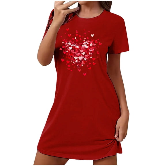 Nfurl Short Sleeve Night shirts for Women Elegant Heart Printed Crew Neck Sleepshirts Loose Loungewear Soft Sleepwear Ladies Valentines Nightgown Red L
