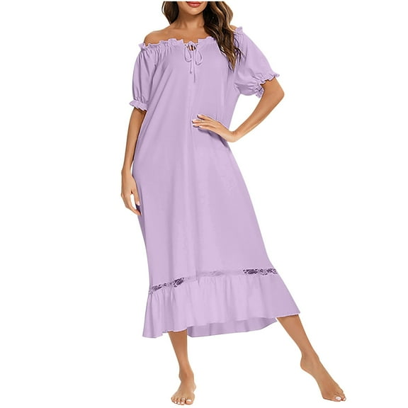 Nfurl Short Sleeve Nightgowns for Women Longer Length Sleepshirts Cute Ruffle Trim Loungewear Cozy Lace Up Long Nightgown Soft Loose Fit Sleepdress