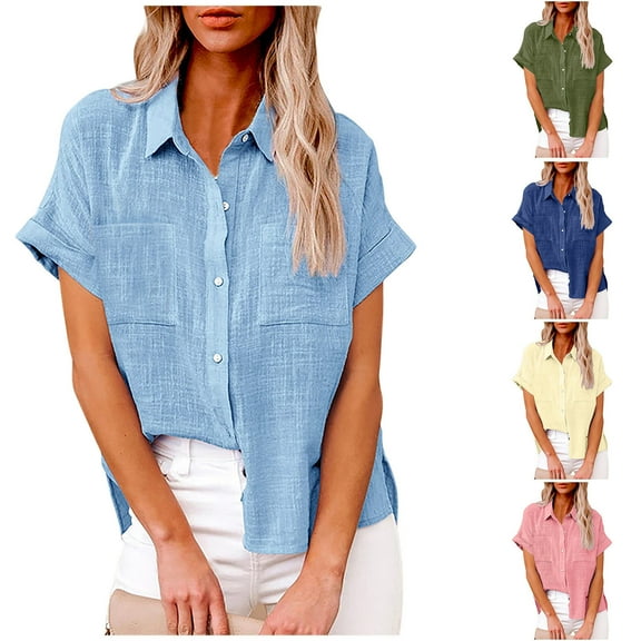 Nfurl Short Sleeve Shirts for Women Plus Size Collared T-Shirt Breathable Cotton Linen Blouses Casual Button Down Shirt Tops Cozy Loose Fit Blouse with Pockets