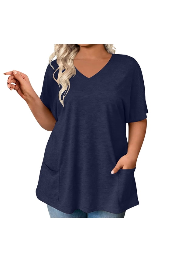 Short Sleeve Womens Tops Plus Size V Neck Blouses with Pockets Loose Fit Summer Going Out Tunic Tops Solid Color Ladies Blouse Navy,S