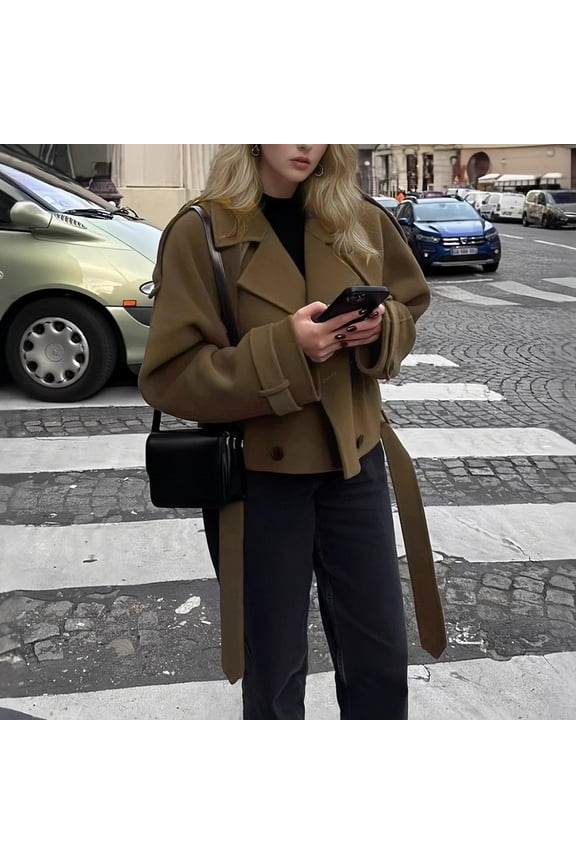 Short Trench Coats for Women Tie Waist Double Breasted Cropped Jackets Casual Long Sleeve Solid Color Outerwear Fall Fashion Coat Brown L