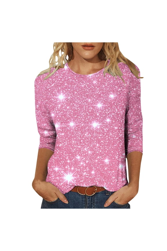 Sparkly Sequin Tops for Women Dressy Casual 3/4 Sleeve Crewneck Going Out Glitter Shirts Ladies Holiday Club Party Evening Clothes Pink L