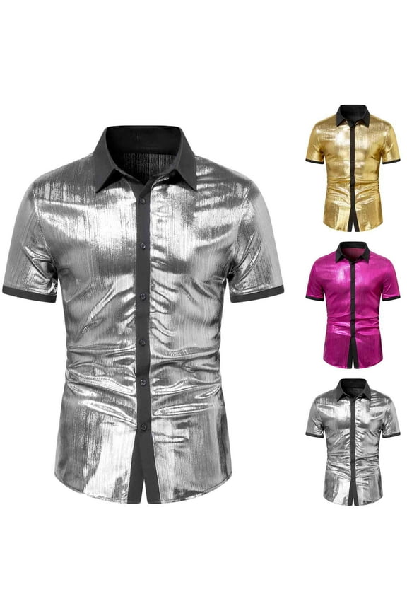 Sparkly Shirts for Men Business Casual Sequin Tops for Party Wedding Summer Collared T Shirt Dressy Button Down Golf Shirts Classic Short Sleeve Blouses