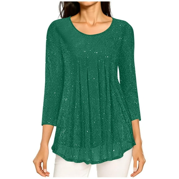 Nfurl Sparkly Tops for Women Shinny Glitter 3/4 Sleeve Blouse Ladies Party Top Dressy Casual Solid Color Evening Holiday Cocktail Tops for Women Green XXL