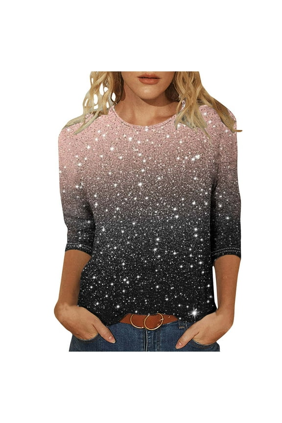 Sparkly Tops for Women 3/4 Sleeve Crewneck Going Out Top Trendy Glitter Sequin Blouse Ladies Party Club Evening Wear Clothes Pink XL