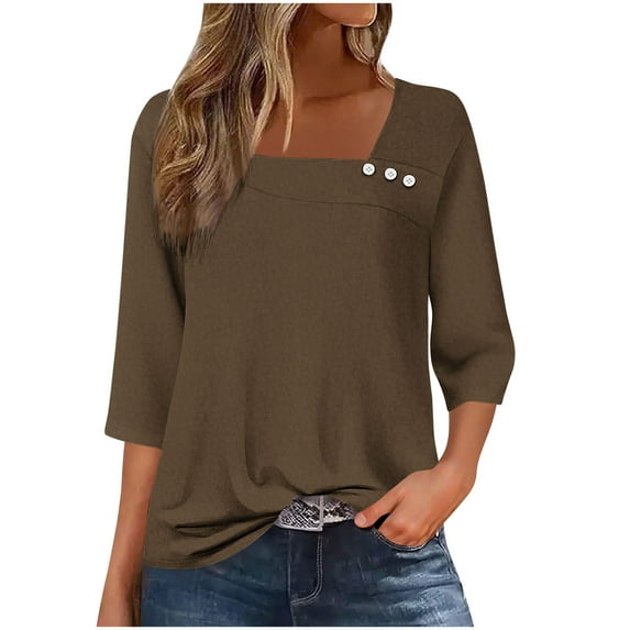 Nfurl Square Neck Tops for Women Elegant Solid Color 3/4 Sleeve Blouses Business Casual Shirts Fitted Ladies Summer Going Out Top Brown L