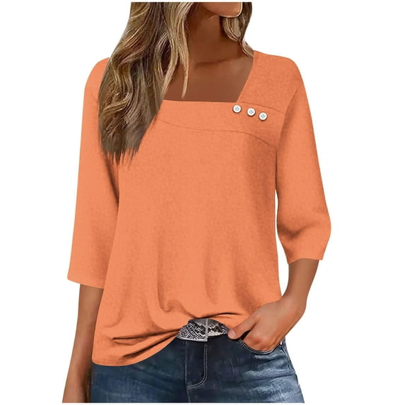 Nfurl Square Neck Tops for Women Elegant Solid Color 3/4 Sleeve Blouses Business Casual Shirts Fitted Ladies Summer Going Out Top Orange XL
