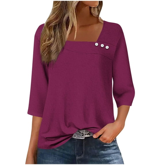 Nfurl Square Neck Tops for Women Elegant Solid Color 3/4 Sleeve Blouses Business Casual Shirts Fitted Ladies Summer Going Out Top Wine L