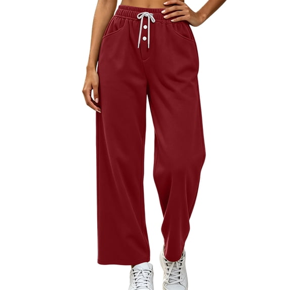 Nfurl Straight Leg Sweatpants for Women Pockets Elastic Waist Drawstring Workout Casual Pants High Waisted Lounge Pants Trousers Women's Sweatpant Red,S