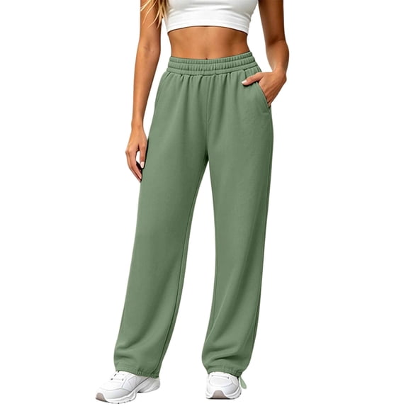 Nfurl Straight Leg Sweatpants for Women High Waisted Open Bottom Workout Pants with Pockets Comfy Solid Color Casual Baggy Sweatpant Green,S