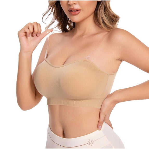 Nfurl Strapless Bras for Women with Clear Strap Push Up Wireless Padded Tube Bra Strapless Bandeau Bralette Seamless Supportive Non-Slip Bandeau Beige,XXL