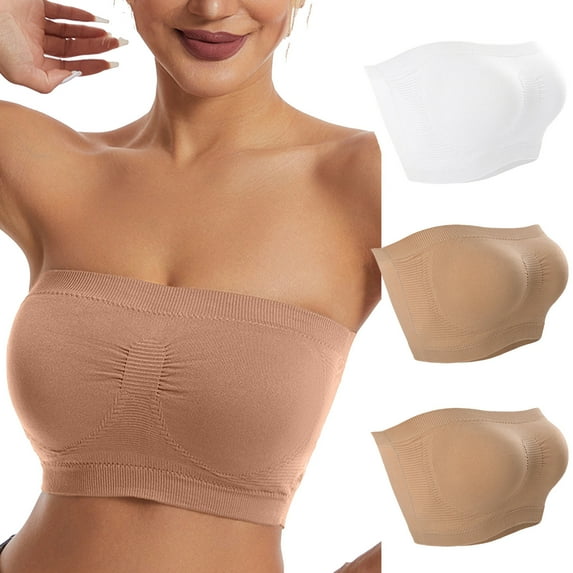 Nfurl Strapless Bras for Women 3 Pack Padded Bandeau Bra Comfy Seamless Tube Top Bralette Push Up Wirefree Bras Push Up Minimizer Bras