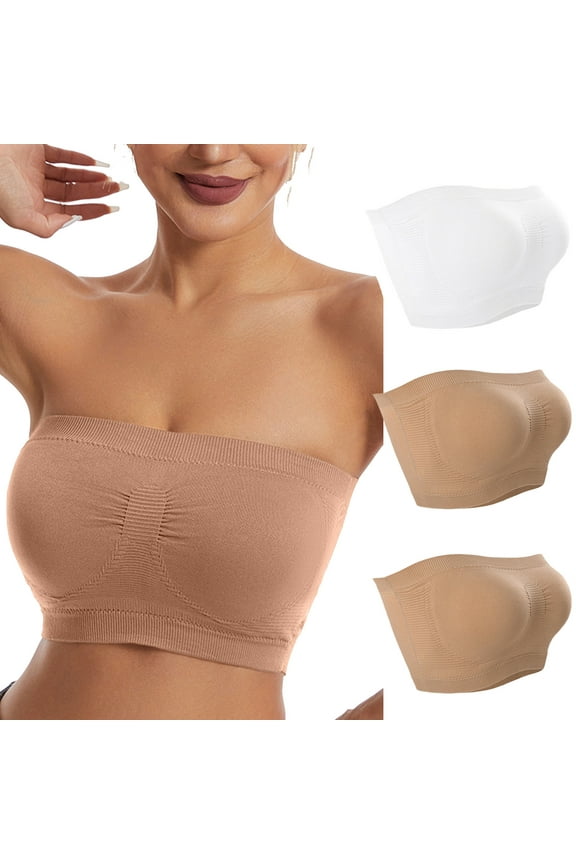 Strapless Bras for Women 3 Pack Padded Bandeau Bra Comfy Seamless Tube Top Bralette Push Up Wirefree Bras Push Up Minimizer Bras