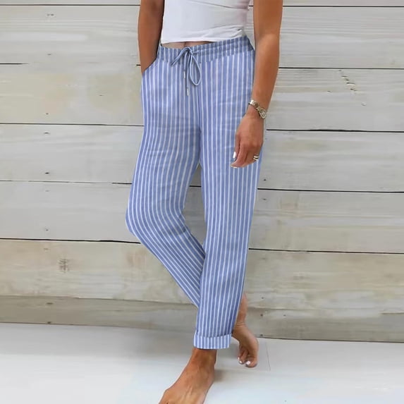 Nfurl Summer Pants for Women Casual Lightweight Travel Beach Vacation Linen Cropped Pants Slim Straight Leg Trousers Pant with Pockets Blue XXL