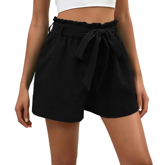 Nfurl Summer Shorts for Women Elegant Adjustable Tie Knot High Waisted Pull on Wide Leg Shorts with Pockets Casual Beach Vacation Black,S