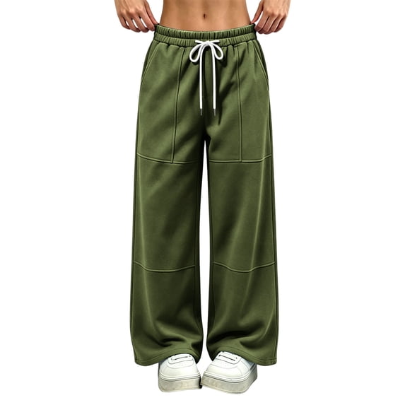 Nfurl Sweatpants for Women Wide Leg Pants with Pockets Casual Drawstring Elastic Waist Open Bottom Workout Pants Mid Rise Trendy Sweatpant Army Green,XL