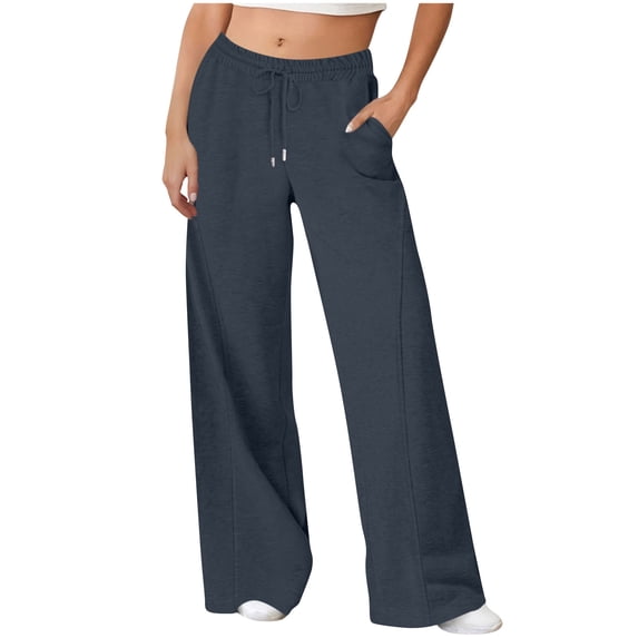 Nfurl Sweatpants for Women Pockets Wide Leg Open Bottoms Sweatpants Drawstring Elastic Waist Casual Sweat Pants for Going Out Travel Daily Navy,L