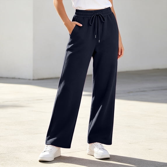 Nfurl Sweatpants for Women Straight Leg Pants with Pockets Elastic Waist Drawstring Solid Color Basic Sweat Pants Comfy Casual Sweatpant Navy,XXXL