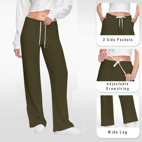 Nfurl Sweatpants for Women Wide Leg Lounge Pants with Pockets Drawstring Elastic Waist Comfy Casual Open Bottom Sweat Pants Trousers Army Green,M