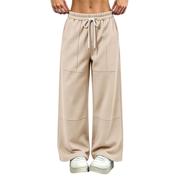 Nfurl Sweatpants for Women Wide Leg Pants with Pockets Casual Drawstring Elastic Waist Open Bottom Workout Pants Mid Rise Trendy Sweatpant Khaki,L