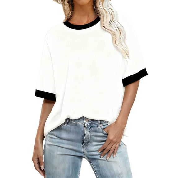 Nfurl T Shirts for Women Plus Size Short Sleeve Crewneck Pullover Casual Color Block Oversize T Shirts Spring Summer Clothes White,Size L