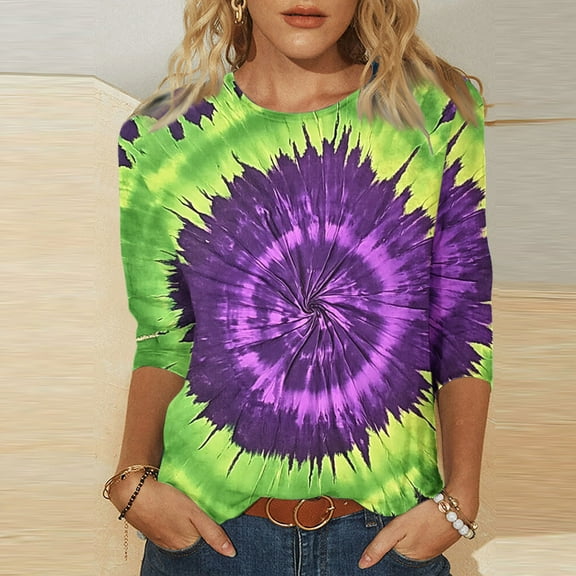 Nfurl Tie Dye Shirts for Women Plus Size Loose 3/4 Sleeve Crew Neck Tops Dressy Casual Blouses 2025 Fall Pullovers Green XXXL