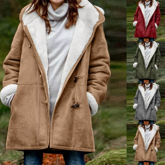 Nfurl Toggle Coats for Women Warm Fleece Lined Hooded Jackets Thermal Long Sleeve Solid Color Winter Outerwear Coat with Pockets Army Green XXXXL
