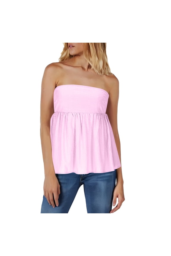 Tube Tops for Women Ruched Solid Color Strapless Top Elegant Peplum Blouses Dressy Casual Going Out Bandeau Summer Blouse Pink,L