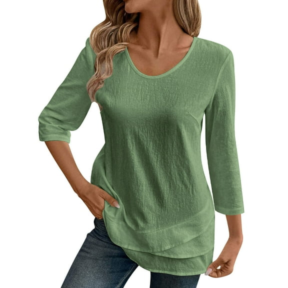Nfurl Tunic Tops for Women 3/4 Sleeve V Neck Blouses Lightweight Solid Color Going Out Top Business Casual Crew Neck Work Blouse Green M