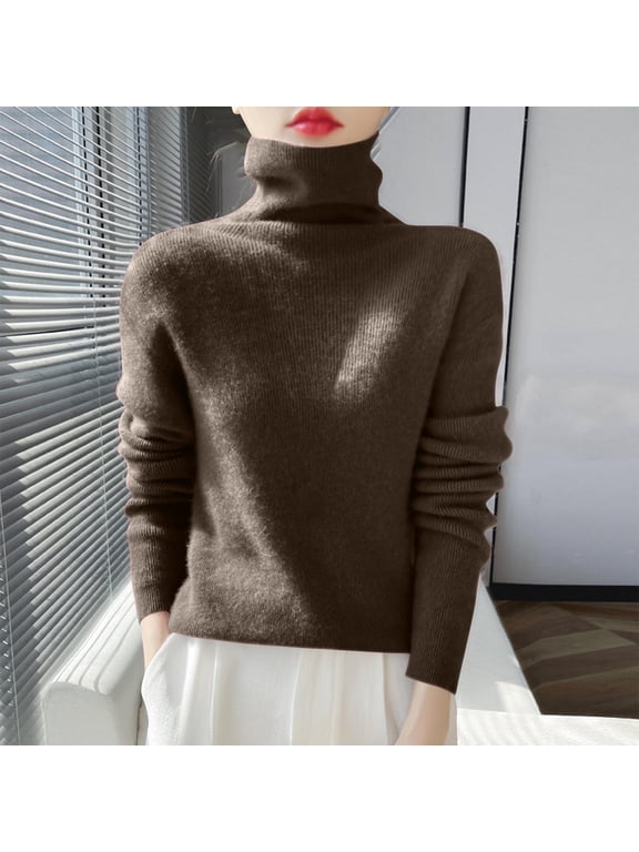 Turtleneck Sweater Women Comfy Long Sleeve Fall Sweaters Cozy Casual Solid Color Pullover Tops Knitwear Ladies Sweater Khaki,L