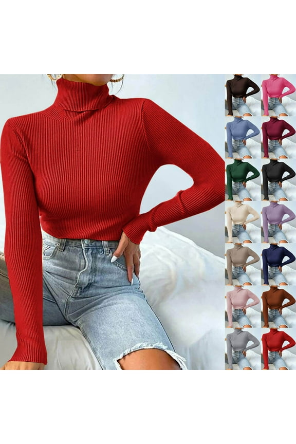 Turtleneck Sweaters for Women Slim Fitted Long Sleeve Pullover Sweater Cozy Solid Color Knit Sweaters 2025 Fall Jumper Tops Orange M