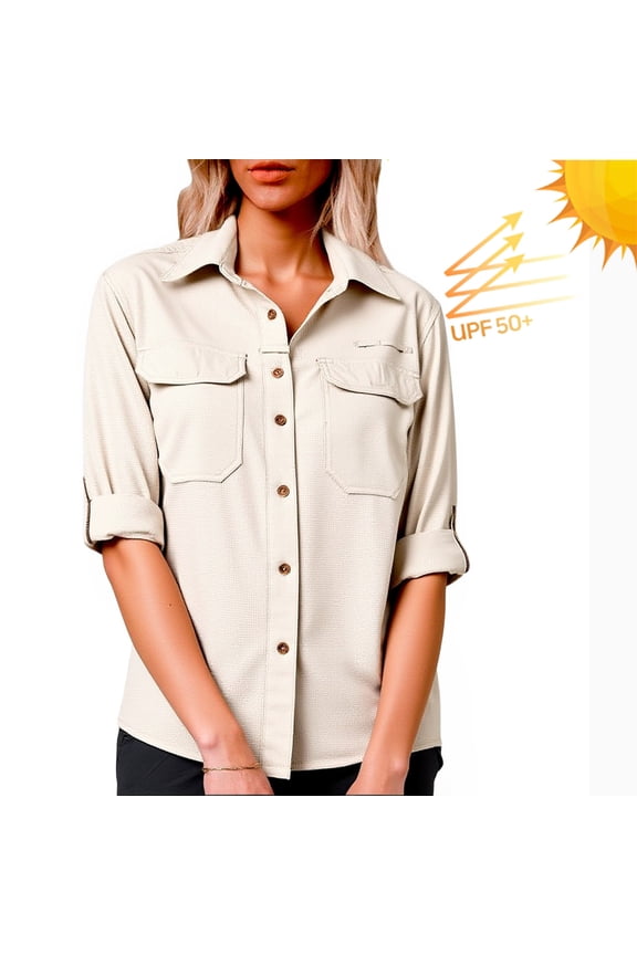 UV Protection Shirts for Women Lightweight Button Down Hiking Outdoor Sun Jacket with Pockets Breathable Summer Sun Protection Shirt Beige,Size M