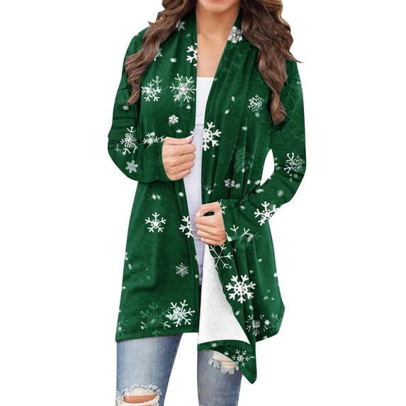 Nfurl Ugly Christmas Cardigans for Women 2025 Snow Graphic Open Front Cardigan Cozy Holiday Fleece Jackets Gift for Christmas Green M