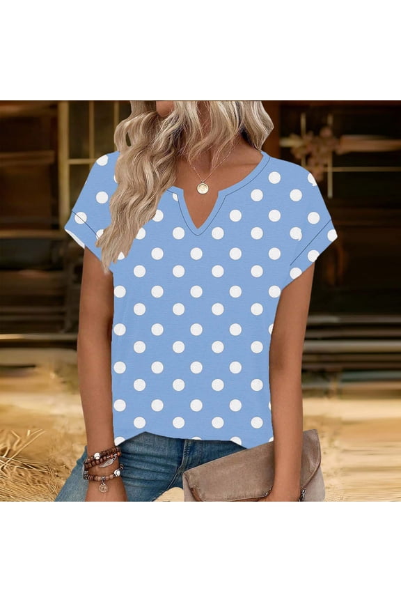 V Neck Tops for Women Cute Polka Dot Graphic Tees Summer Vacation Short Sleeve Blouses Dressy Casual Spring Clothes Ladies Tops Light Blue XXL
