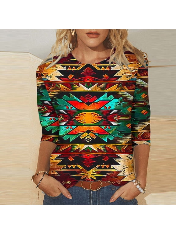 Western Ethnic Tops for Women 3/4 Sleeve T Shirts Retro Aztec Printing Tshirt Plus Size Womens Shirt