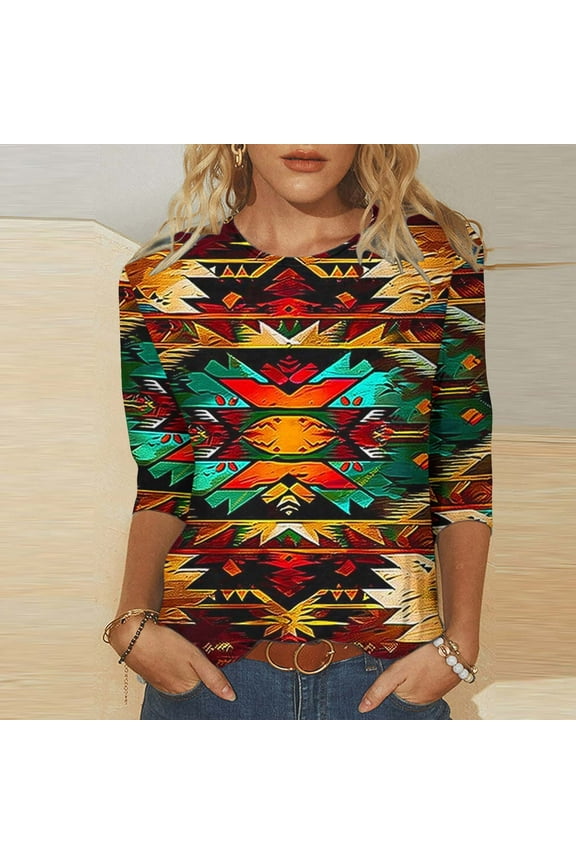 Western Ethnic Tops for Women 3/4 Sleeve T Shirts Retro Aztec Printing Tshirt Plus Size Womens Shirt